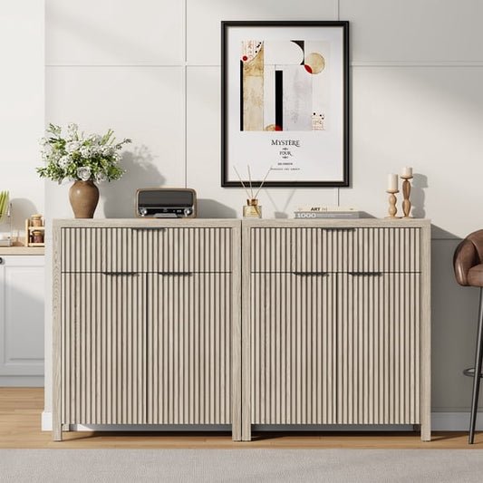 Laintene Sideboard Storage Cabinet, Fluted Buffet Cabinet with Adjustable Shelf and Drawer for Dining Living Room, Entryway, White Oak Set of 2