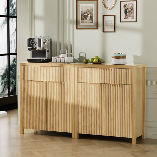 Laintene Sideboard Storage Cabinet Set of 2, Fluted Buffet Cabinet with Adjustable Shelf and Drawer for Dining Living Room, Entryway, Natural Oakv