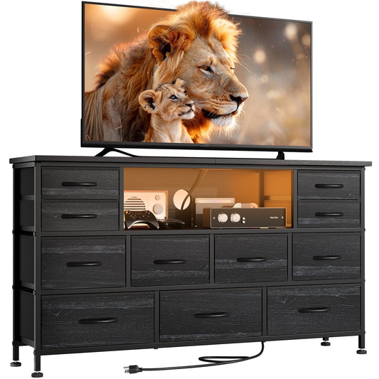 Laintene TV Stand 60 inch, Dresser for Bedroom with LED Lights Power Outlets, 11 Drawer Dresser TV Stands for Living Room, Fabric Chest of Drawers, Black