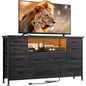 Laintene TV Stand 60 inch, Dresser for Bedroom with LED Lights Power Outlets, 11 Drawer Dresser TV Stands for Living Room, Fabric Chest of Drawers, Black