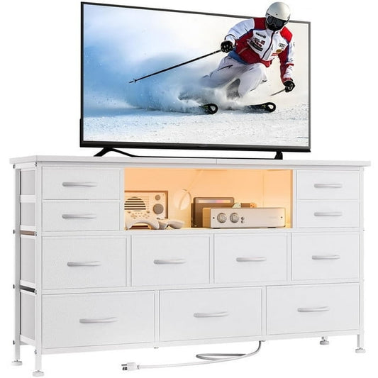 Laintene TV Stand 60 inch, Dresser for Bedroom with LED Lights Power Outlets, 11 Drawer Dresser TV Stands for Living Room, Fabric Chest of Drawers, White