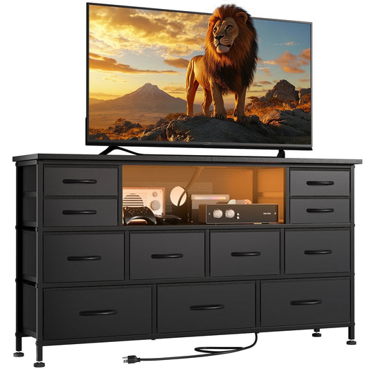 Laintene TV Stand 60 inch, Dresser for Bedroom with LED Lights Power Outlets, 11 Drawer Dresser TV Stands for Living Room, Fabric Chest of Drawers, PU Black