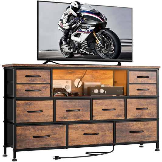 Laintene TV Stand 60 inch, Dresser for Bedroom with LED Lights Power Outlets, 11 Drawer Dresser TV Stands for Living Room, Fabric Chest of Drawers, Brown