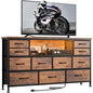 Laintene TV Stand 60 inch, Dresser for Bedroom with LED Lights Power Outlets, 11 Drawer Dresser TV Stands for Living Room, Fabric Chest of Drawers, Brown