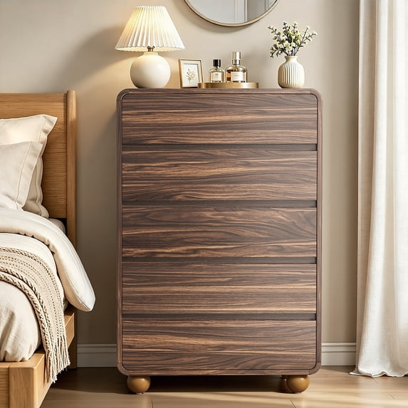 Laintene Tall Dresser 5 Drawer, Modern Wood Dresser for Bedroom, 41" Fluted Chest of Drawers with Curved Profile Design, Walnut
