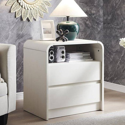 Laintene Tall Modern Nightstand with Charging Station, 23.6'' Wide Wood Bedside Table w/2 Storage Drawers, Large Mid Century End Table for Bedroom, Living Room, Curved Profile Design,White Oak