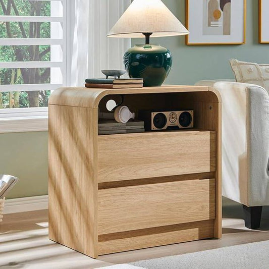Laintene Tall Modern Nightstand with Charging Station, 23.6'' Wide Wood Bedside Table w/2 Storage Drawers, Large Mid Century End Table for Bedroom, Living Room, Curved Profile Design,Natural Oak