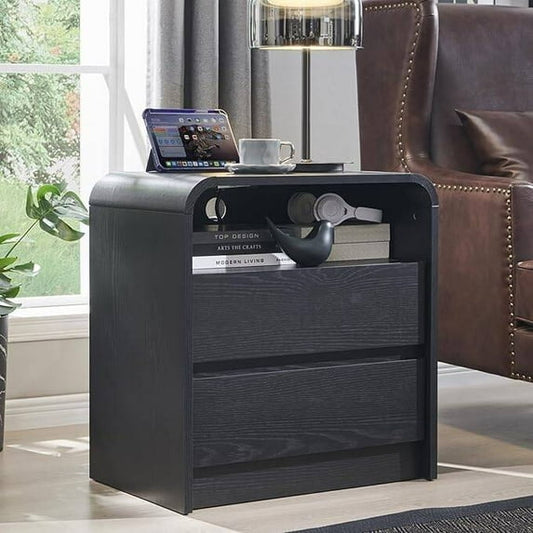 Laintene Tall Modern Nightstand with Charging Station, 23.6'' Wide Wood Bedside Table w/2 Storage Drawers, Large Mid Century End Table for Bedroom, Living Room, Curved Profile Design,Black Oak