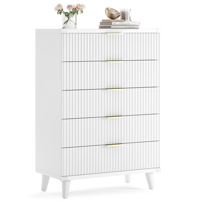 Laintene 5-Drawer Tall Dresser - Slim Boho Storage Cabinet with Fluted Design, Solid Wooden Chest for Bedroom, Closet & Small Spaces, White