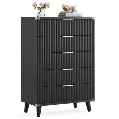 Laintene 5-Drawer Tall Dresser - Slim Boho Storage Cabinet with Fluted Design, Solid Wooden Chest for Bedroom, Closet & Small Spaces, Black