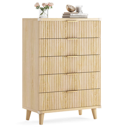 Laintene 5-Drawer Tall Dresser - Slim Boho Storage Cabinet with Fluted Design, Solid Wooden Chest for Bedroom, Closet & Small Spaces, Natural