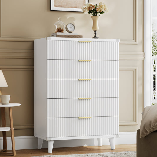 Laintene 5-Drawer Tall Dresser - Slim Boho Storage Cabinet with Fluted Design, Solid Wooden Chest for Bedroom, Closet & Small Spaces, White