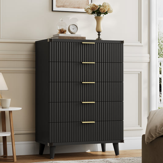 Laintene 5-Drawer Tall Dresser - Slim Boho Storage Cabinet with Fluted Design, Solid Wooden Chest for Bedroom, Closet & Small Spaces, Black