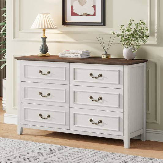 LainTene Farmhouse 6-Drawer Dresser - Rustic White Wood Dresser with Antique Bronze Handles, Vintage Storage Chest for Bedroom, Living Room & Entryway