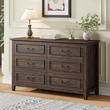 Laintene Farmhouse 6-Drawer Dresser - Rustic Wood Dresser with Antique Bronze Handles, Vintage Storage Chest for Bedroom, Living Room & Entryway