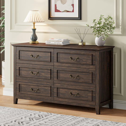 Laintene Farmhouse 6-Drawer Dresser - Rustic Wood Dresser with Antique Bronze Handles, Vintage Storage Chest for Bedroom, Living Room & Entryway