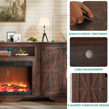 Laintene TV Stand with Fireplace for 65" TV, Electric Fireplace Entertainment Center with Storage Cabinets & Adjustable Shelves, 1400W Heater Farmhouse TV Stand for Living Room, Brown