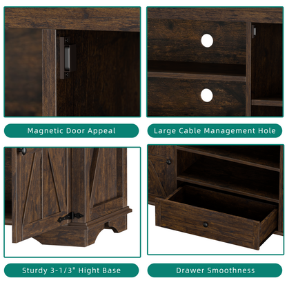 Laintene TV Stand up to 65" TVs, Farmhouse Barn Door Entertainment Center with Adjustable Shelves & Storage Cabinets, Solid Wood Media Console for Living Room, Brown