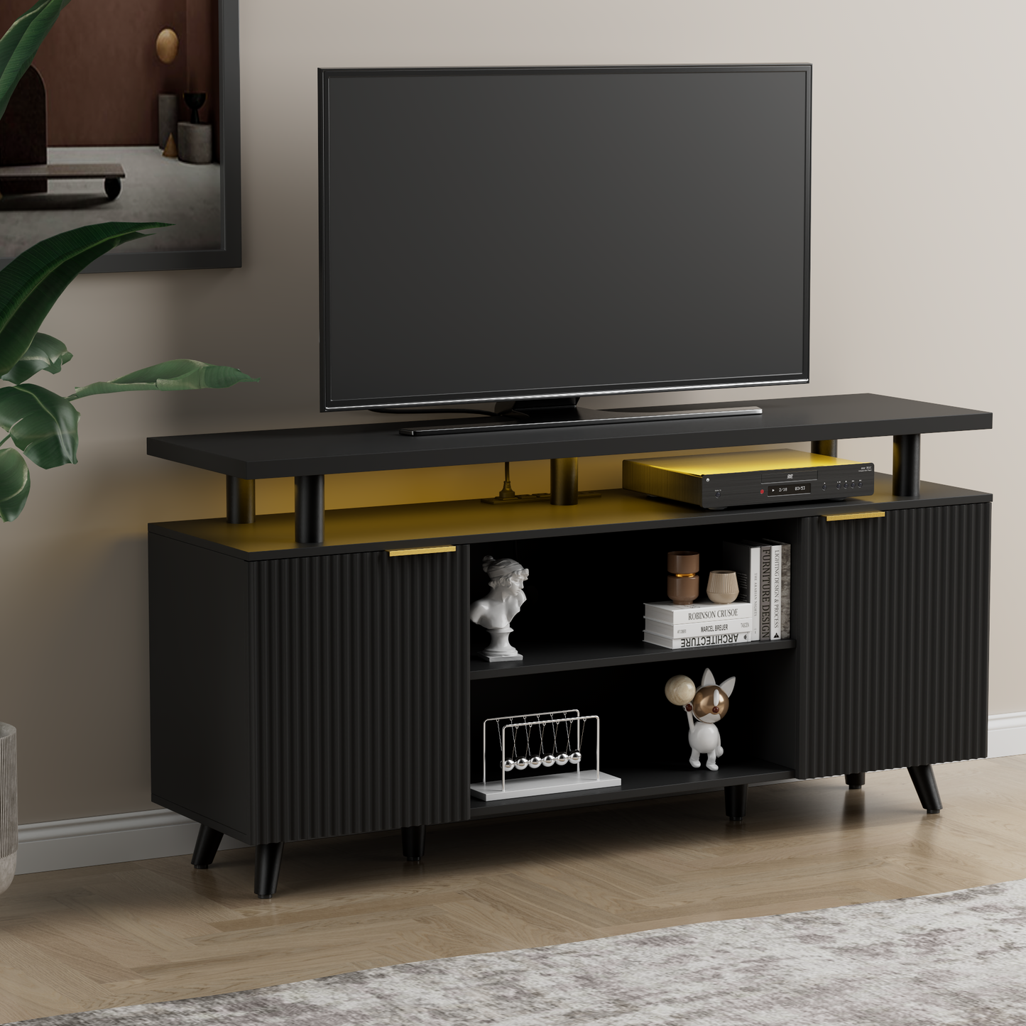 Laintene Fluted TV Stand for 65" TV, Modern Boho LED Entertainment Center with Adjustable Shelves, Storage Cabinets & Power Outlets for Living Room, Black Finish