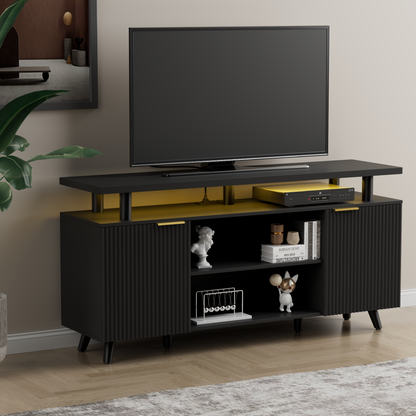 Laintene Fluted TV Stand for 65" TV, Modern Boho LED Entertainment Center with Adjustable Shelves, Storage Cabinets & Power Outlets for Living Room, Black Finish