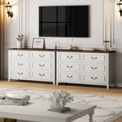 LainTene Farmhouse 6-Drawer Dresser - Rustic White Wood Dresser with Antique Bronze Handles, Vintage Storage Chest for Bedroom, Living Room & Entryway