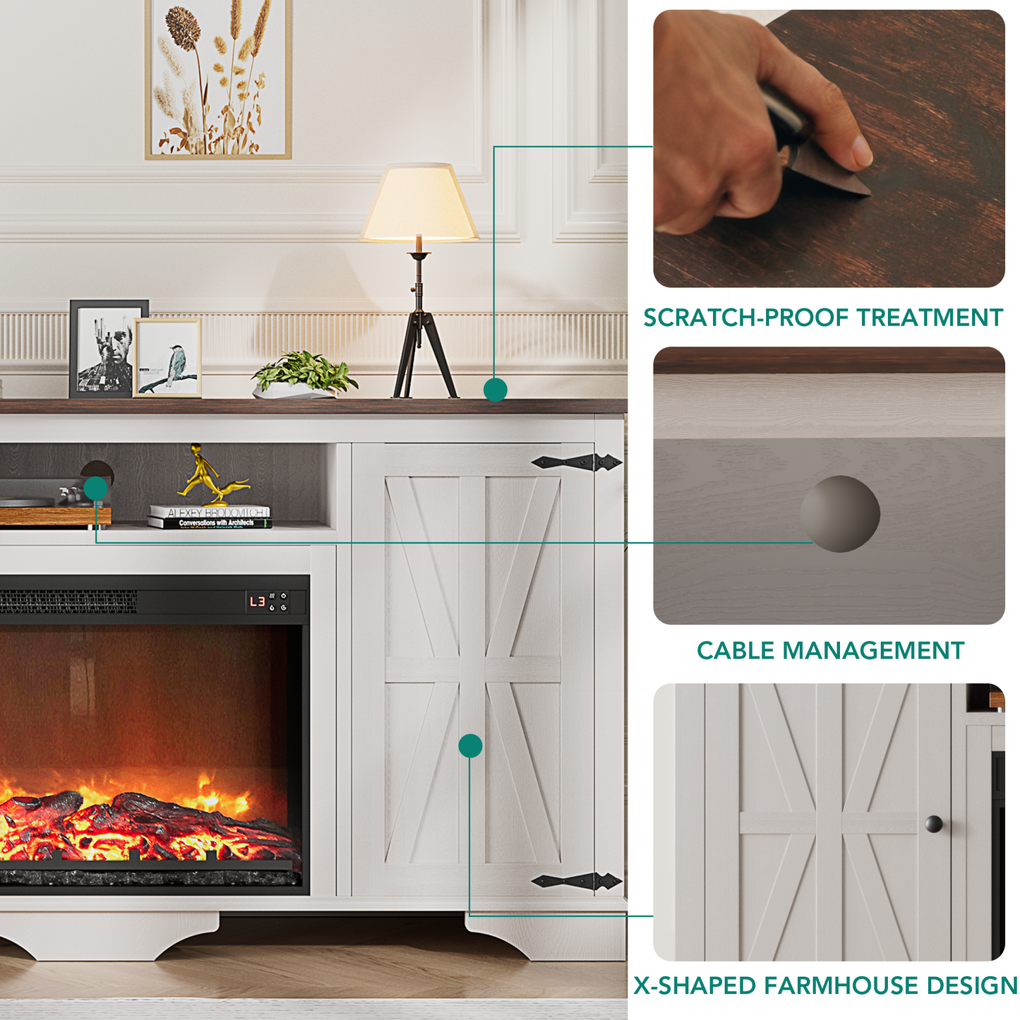 LainTene Farmhouse Electric Fireplace TV Stand for 65 Inch TVs – Rustic Beige Entertainment Center with Adjustable Flame, Storage Cabinets & Barn Door Design, 1400W Heater, White