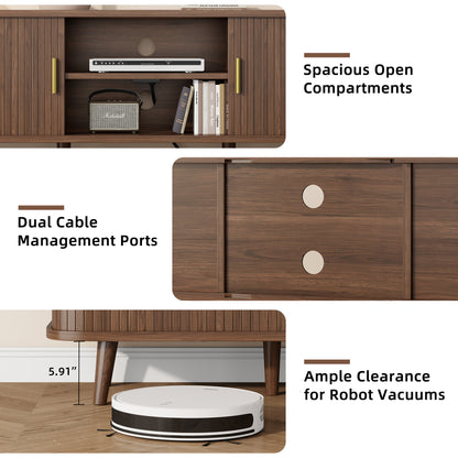 LainTene 65 Inch TV Stand with Sliding Doors – Modern Fluted Media Console for Living Room, Power Outlets (2 USB + 2 AC), Adjustable Shelves, Walnut Entertainment Center