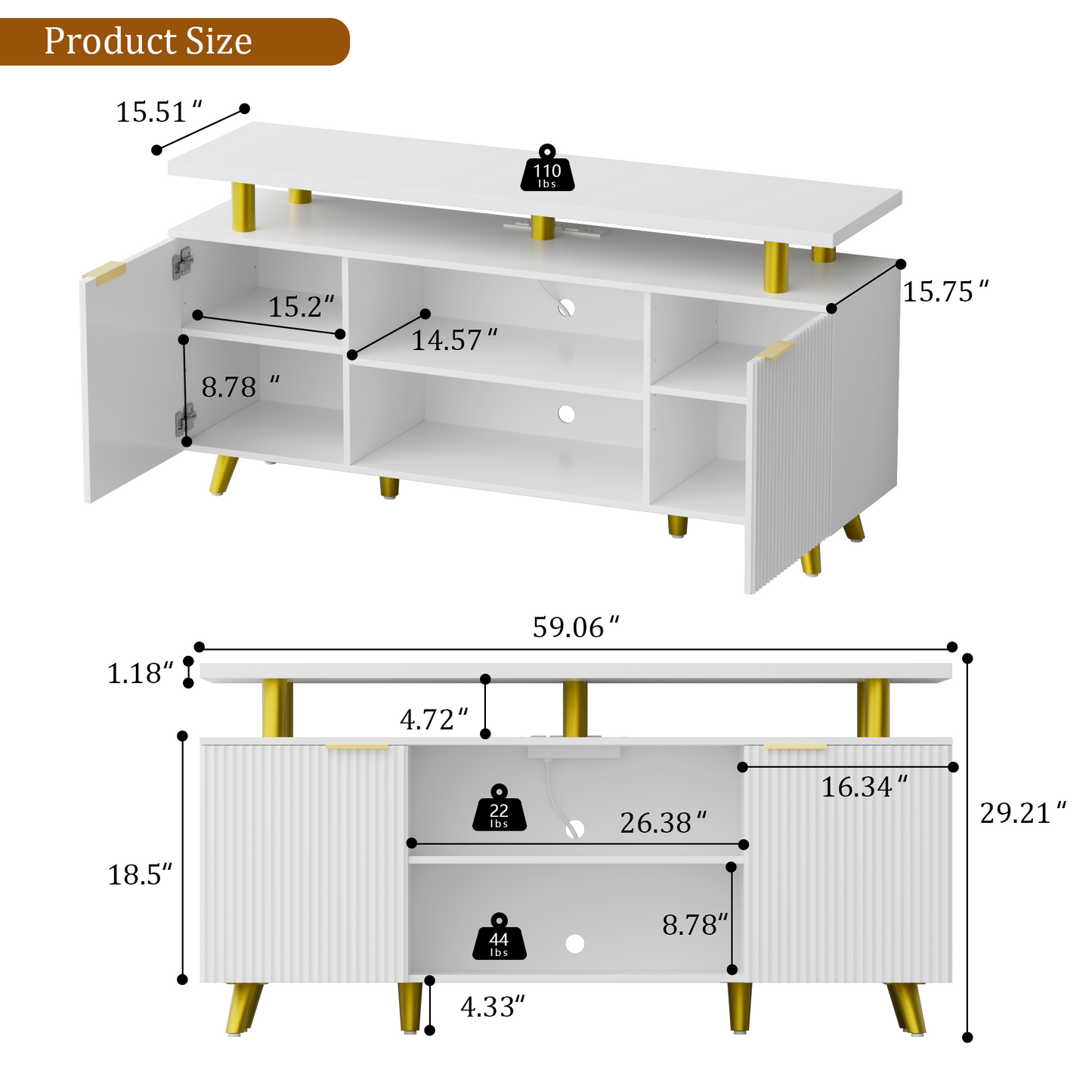 Valu4me TV Stand for 65" TV, LED Entertainment Center with Adjustable Shelves, Storage Cabinets & Power Outlets, Fluted TV Console for Living Room, White Finish