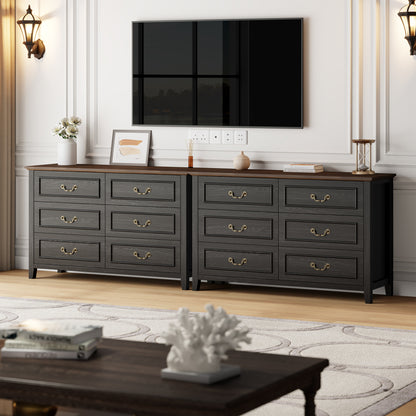 LainTene Farmhouse 6-Drawer Dresser - Rustic Black Wood Dresser with Antique Bronze Handles, Vintage Storage Chest for Bedroom, Living Room & Entryway