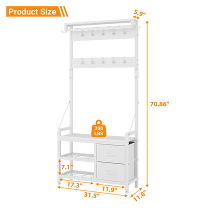 Laintene Hall Tree with Bench - 6-in-1 Industrial 31.5" Entryway Organizer, 17 Adjustable Hooks & 2 Drawers, Hanging Rod & Top Shelf, 300lb Weight Capacity for Hallway and Living Room, White