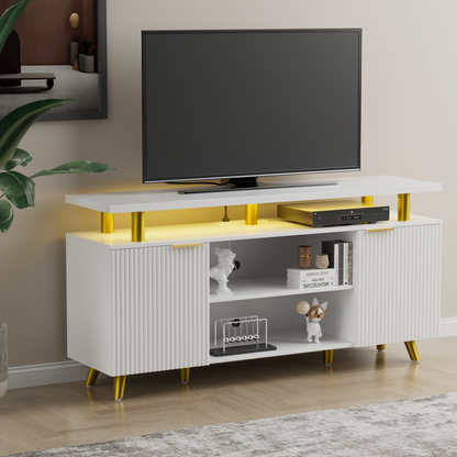 Valu4me TV Stand for 65" TV, LED Entertainment Center with Adjustable Shelves, Storage Cabinets & Power Outlets, Fluted TV Console for Living Room, White Finish