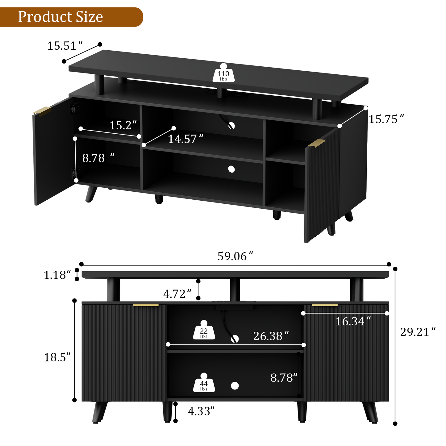 Laintene Fluted TV Stand for 65" TV, Modern Boho LED Entertainment Center with Adjustable Shelves, Storage Cabinets & Power Outlets for Living Room, Black Finish