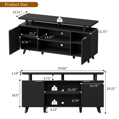 Laintene Fluted TV Stand for 65" TV, Modern Boho LED Entertainment Center with Adjustable Shelves, Storage Cabinets & Power Outlets for Living Room, Black Finish