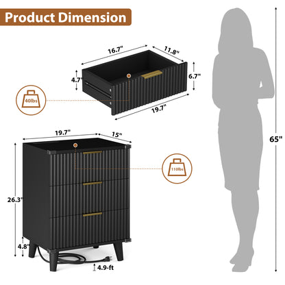 Laintene 3-Drawer Dresser for Bedroom, Nightstand with Charging Station - Modern Fluted with Solid Wood Legs, 2 AC Outlets & 2 USB Ports, Small End Table with Storage, Black