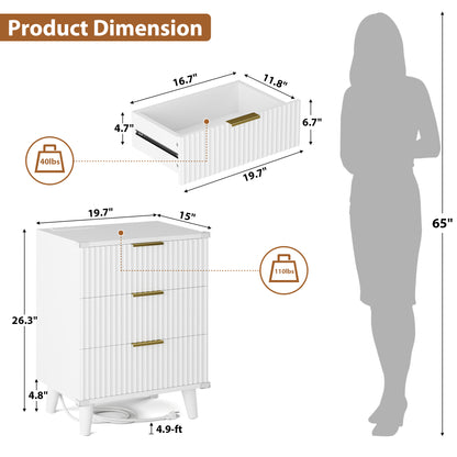 Laintene 3-Drawer Dresser for Bedroom, Nightstand with Charging Station - Modern Fluted with Solid Wood Legs, 2 AC Outlets & 2 USB Ports, Small End Table with Storage, White