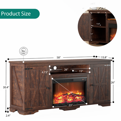 Laintene TV Stand with Fireplace for 65" TV, Electric Fireplace Entertainment Center with Storage Cabinets & Adjustable Shelves, 1400W Heater Farmhouse TV Stand for Living Room, Brown