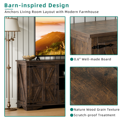 Laintene TV Stand up to 65" TVs, Farmhouse Barn Door Entertainment Center with Adjustable Shelves & Storage Cabinets, Solid Wood Media Console for Living Room, Brown