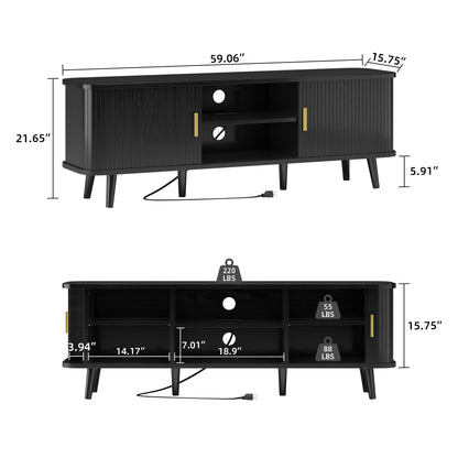 LainTene 65 Inch TV Stand with Sliding Doors – Modern Fluted Media Console for Living Room, Power Outlets (2 USB + 2 AC), Adjustable Shelves, Black Entertainment Center