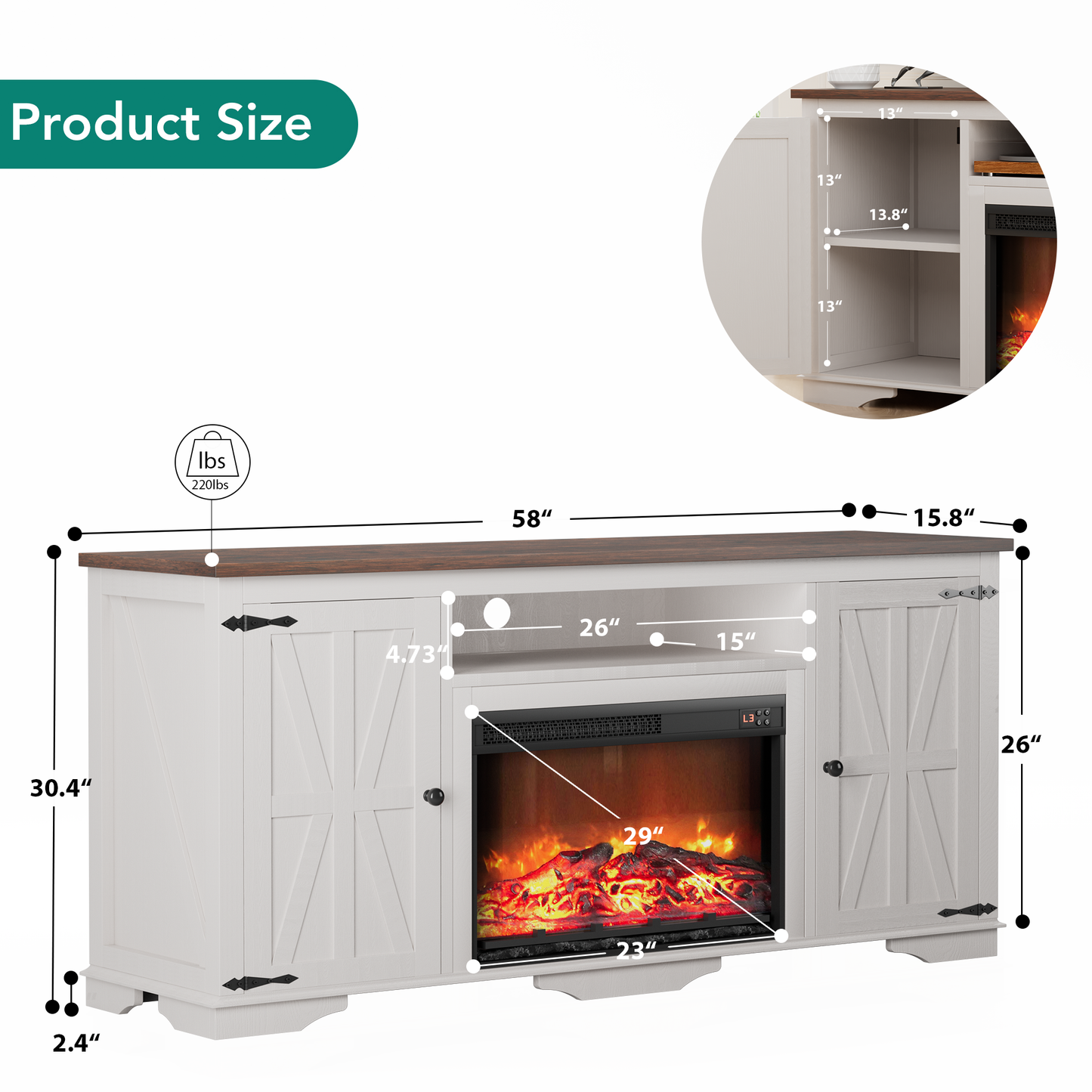 LainTene Farmhouse Electric Fireplace TV Stand for 65 Inch TVs – Rustic Beige Entertainment Center with Adjustable Flame, Storage Cabinets & Barn Door Design, 1400W Heater, White