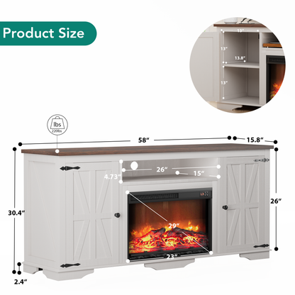 LainTene Farmhouse Electric Fireplace TV Stand for 65 Inch TVs – Rustic Beige Entertainment Center with Adjustable Flame, Storage Cabinets & Barn Door Design, 1400W Heater, White