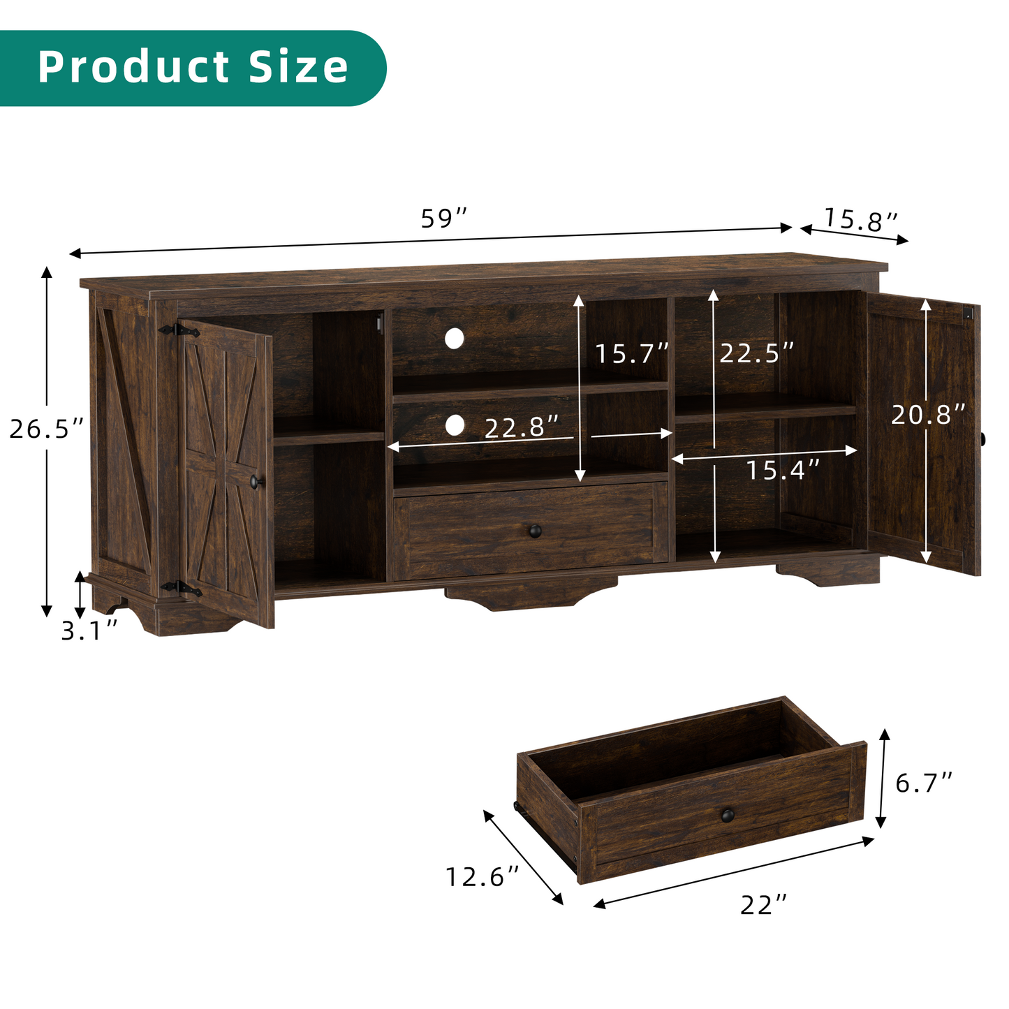 Laintene TV Stand up to 65" TVs, Farmhouse Barn Door Entertainment Center with Adjustable Shelves & Storage Cabinets, Solid Wood Media Console for Living Room, Brown