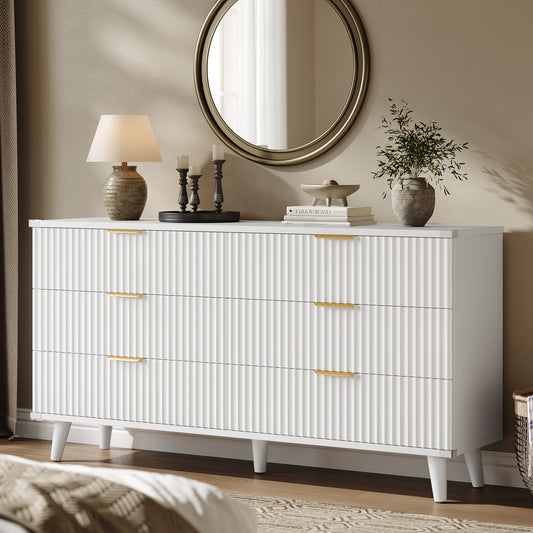 Laintene 6 Drawer Dresser for Bedroom – Solid Wood Fluted Storage Cabinet with Metal Handles, Modern Wave Design for Bedroom, Living Room & Entryway, White