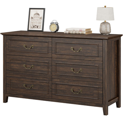 Laintene Farmhouse 6-Drawer Dresser - Rustic Wood Dresser with Antique Bronze Handles, Vintage Storage Chest for Bedroom, Living Room & Entryway