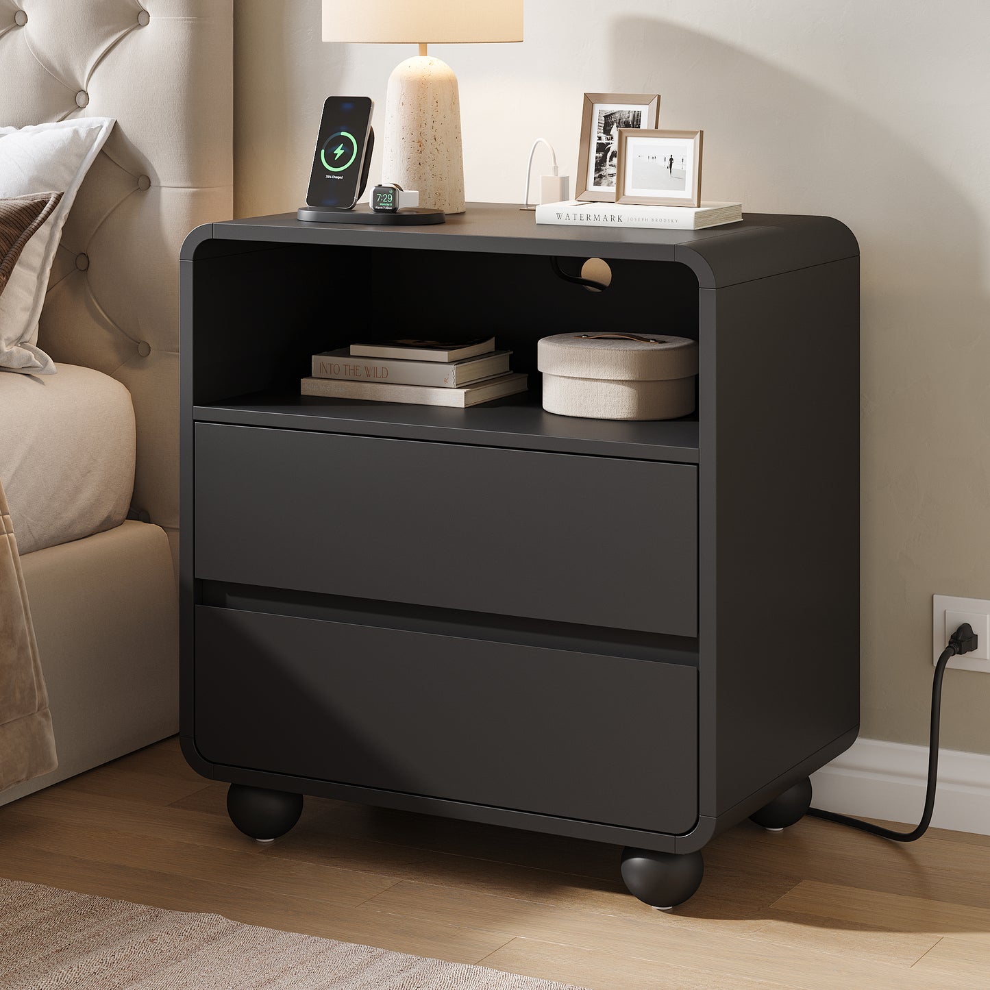 Laintene Tall Modern Nightstand with Charging Station, 23.6'' Wide Wood Bedside Table w/2 Storage Drawers, Large Mid Century End Table for Bedroom, Living Room, Curved Profile Design,Black Oak
