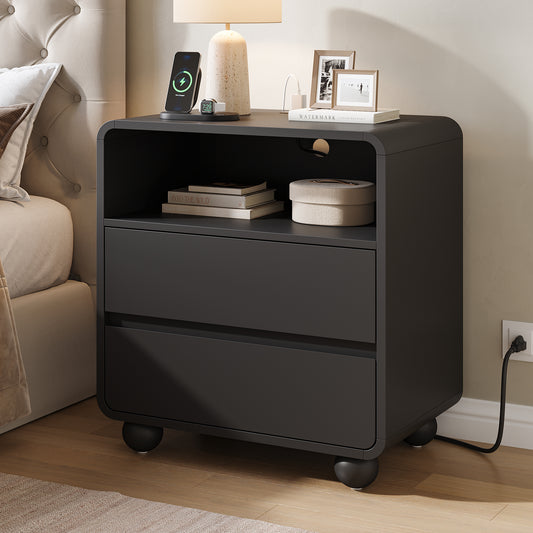 Laintene Tall Modern Nightstand with Charging Station, 23.6'' Wide Wood Bedside Table w/2 Storage Drawers, Large Mid Century End Table for Bedroom, Living Room, Curved Profile Design,Black Oak
