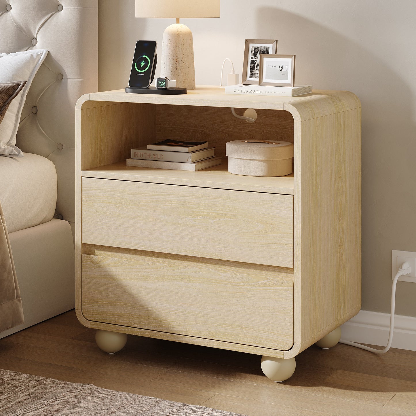 Laintene Tall Modern Nightstand with Charging Station, 23.6'' Wide Wood Bedside Table w/2 Storage Drawers, Large Mid Century End Table for Bedroom, Living Room, Curved Profile Design,Natural Oak