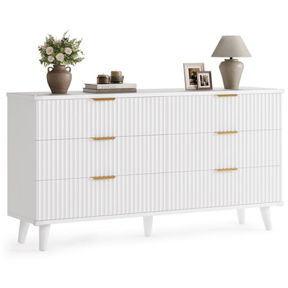 Laintene 6 Drawer Dresser for Bedroom – Solid Wood Fluted Storage Cabinet with Metal Handles, Modern Wave Design for Bedroom, Living Room & Entryway, White