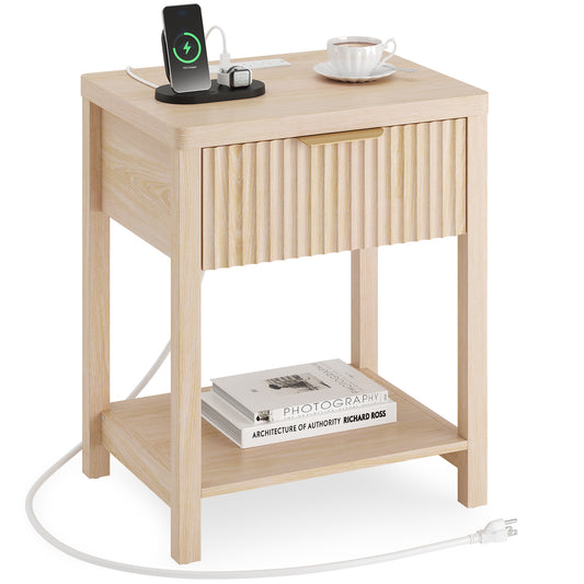 Laintene Fluted Nightstand with Charging Station - Boho Bedside Table with 2 AC Outlets & USB/Type-C Ports, Single Drawer & Open Shelf, Minimalist Water Ripple Design for Bedroom, Natural