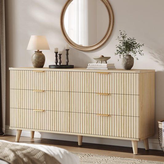 Laintene 6 Drawer Dresser for Bedroom – Solid Wood Fluted Storage Cabinet with Metal Handles, Modern Wave Design for Bedroom, Living Room & Entryway, Natural