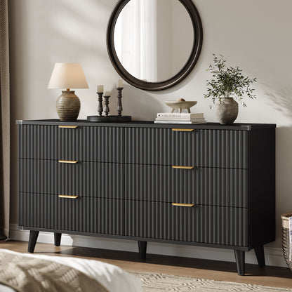Laintene 6 Drawer Dresser for Bedroom – Solid Wood Fluted Storage Cabinet with Metal Handles, Modern Wave Design for Bedroom, Living Room & Entryway, Black